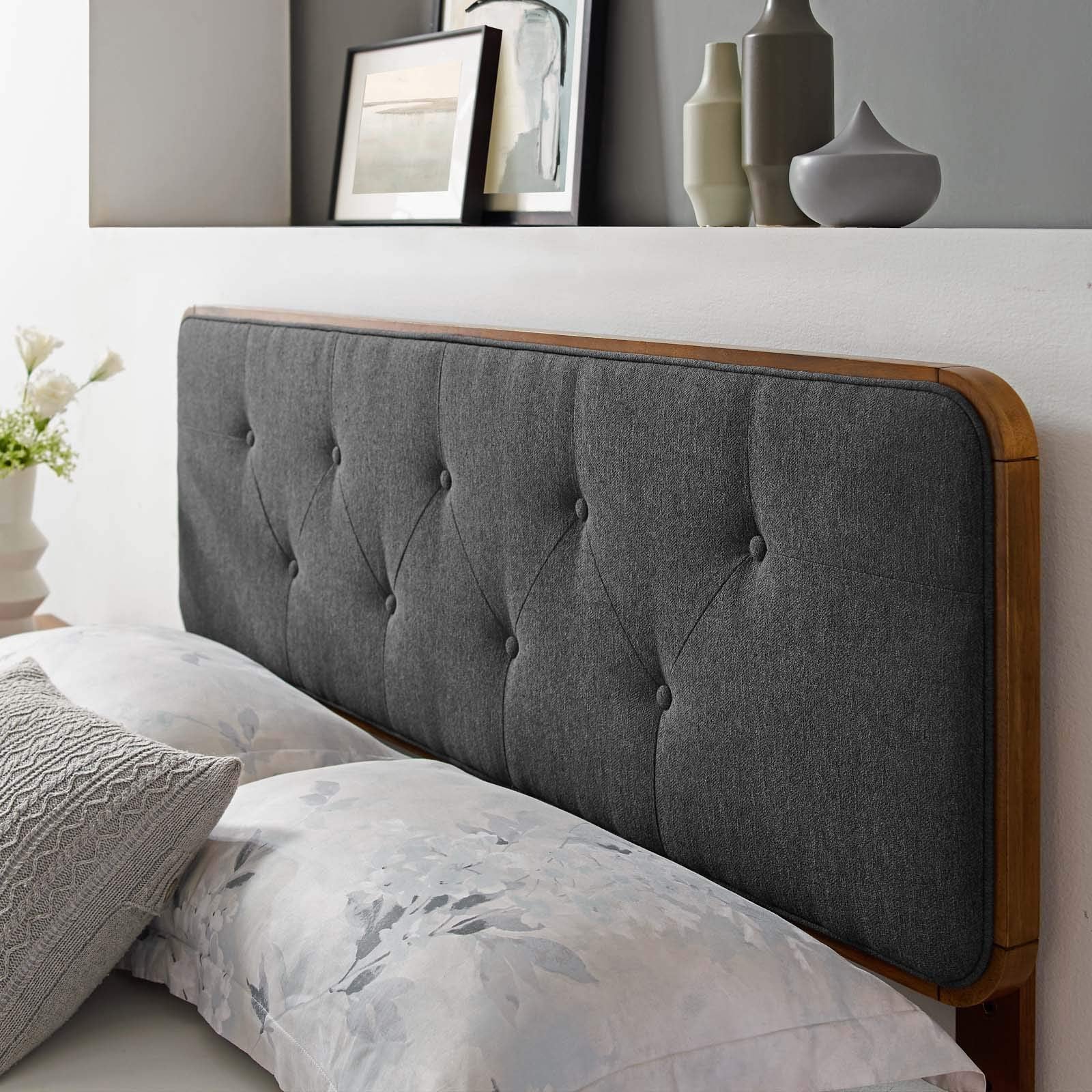 Modway Mod-6233-Wal-Cha Collins Tufted Full Fabric And Wood Headboard, Walnut Charcoal